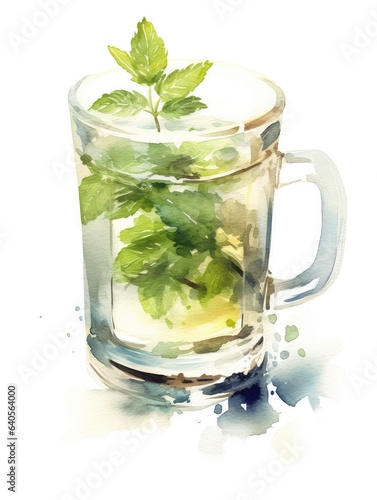 Glass of herbal tea watercolor illustration - Generative AI.