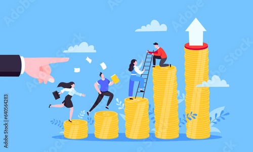 Business mentor helps improve career and money stacks growing. He holds stairs steps vector illustration. Mentorship, upskills, climb help self development strategy flat style design business concept.