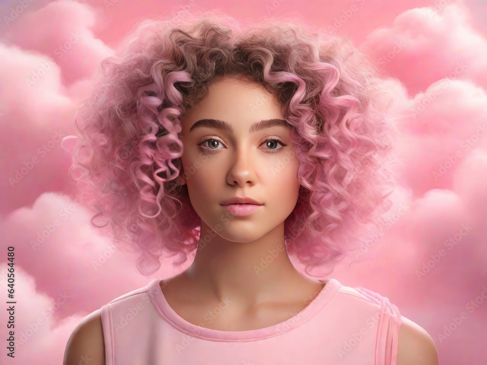 Pink and romantic portrait of a curly girl