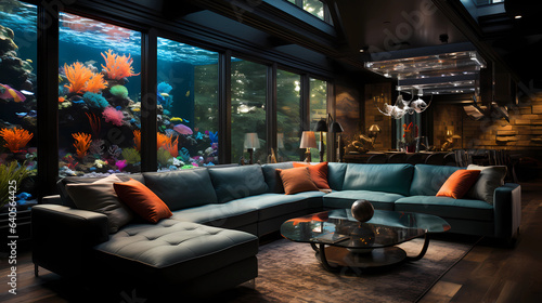 living room featuring a large aquarium wall