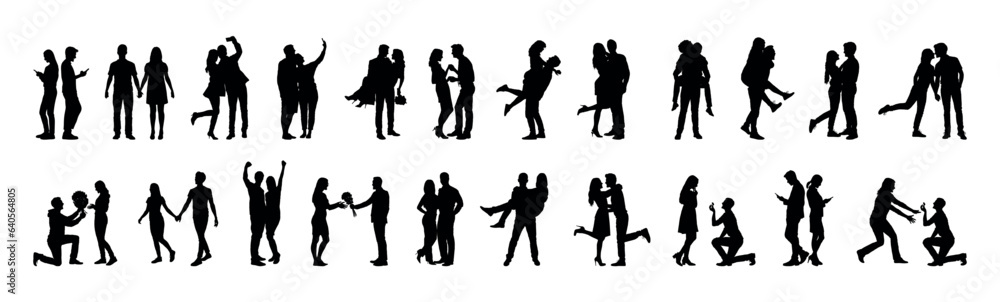 Romantic couple portrait with different poses vector silhouette set collection.