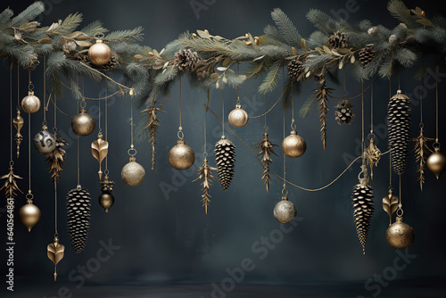 Sparkling ornaments of diverse shapes dangle gracefully from a frosted pine branch, symbolizing the spirit of festive decoration