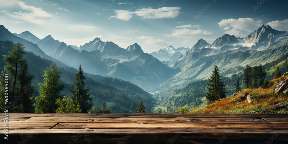 AI Generated. AI Generative. Wooden table nature outdoor forest mountain nature landscape background. Graphic Art AI Generated. AI Generative. Wooden table nature outdoor forest mountain nature landscape background. Graphic Art
