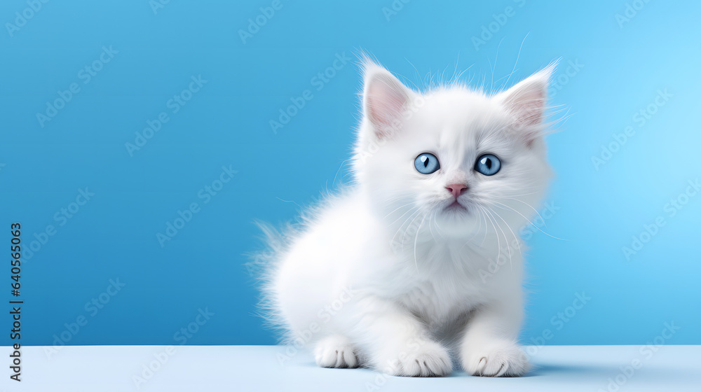 Cute white kitten on a blue background