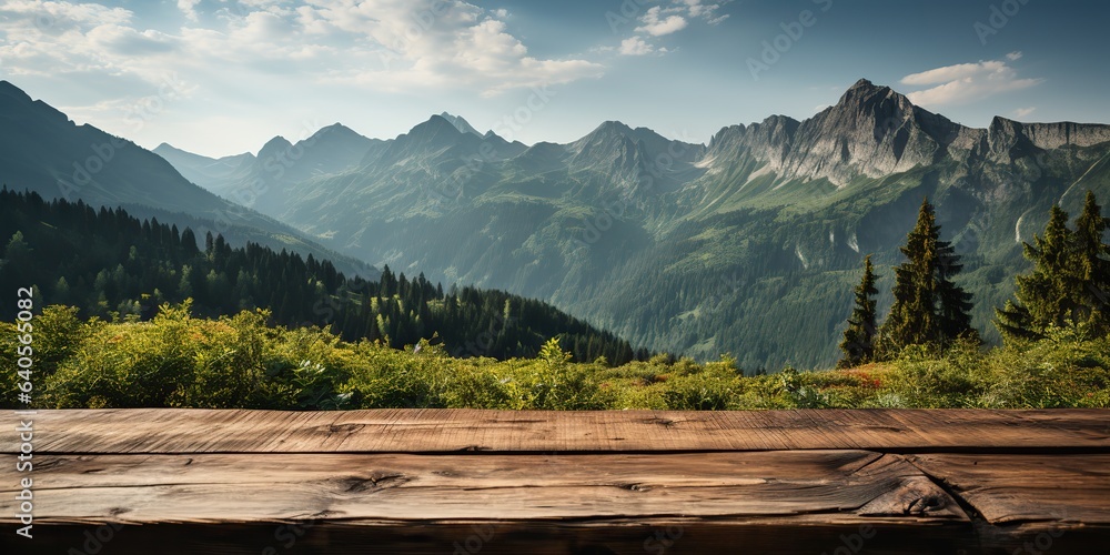AI Generated. AI Generative. Wooden table nature outdoor forest mountain nature landscape background. Adventure journey explore inspiration