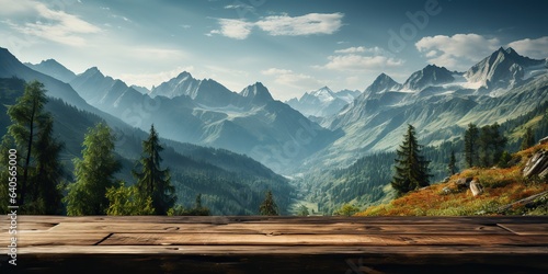 AI Generated. AI Generative. Wooden table nature outdoor forest mountain nature landscape background. Graphic Art