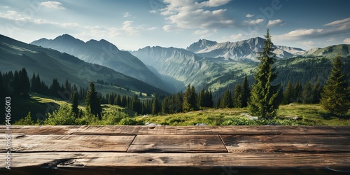 AI Generated. AI Generative. Wooden table nature outdoor forest mountain nature landscape background. Adventure journey explore inspiration