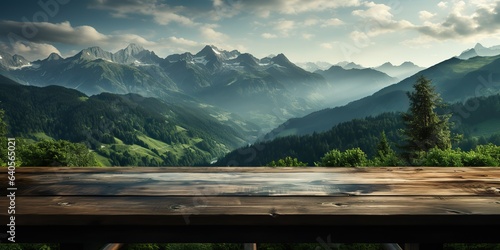 AI Generated. AI Generative. Wooden table nature outdoor forest mountain nature landscape background. Graphic Art