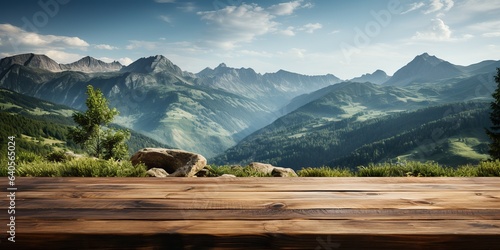 AI Generated. AI Generative. Wooden table nature outdoor forest mountain nature landscape background. Graphic Art