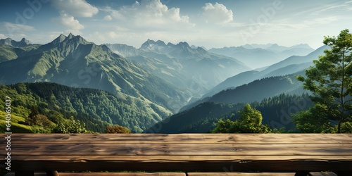 AI Generated. AI Generative. Wooden table nature outdoor forest mountain nature landscape background. Graphic Art