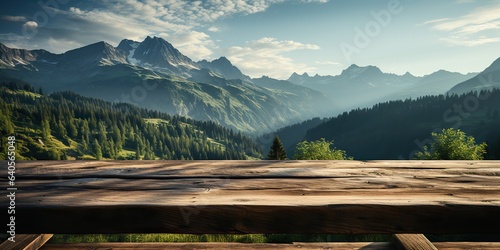 AI Generated. AI Generative. Wooden table nature outdoor forest mountain nature landscape background. Graphic Art