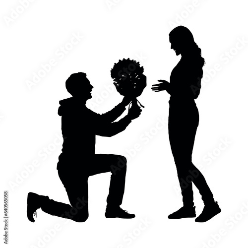 Man kneeling and giving flower bouquet to a woman vector silhouette.