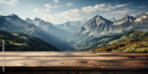 AI Generated. AI Generative. Wooden table nature outdoor forest mountain nature landscape background. Graphic Art