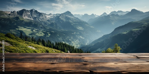 AI Generated. AI Generative. Wooden table nature outdoor forest mountain nature landscape background. Adventure journey explore inspiration