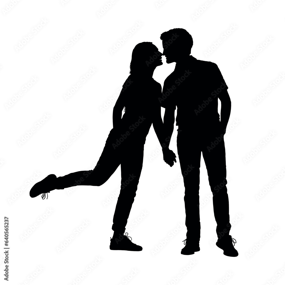 Romantic couple holding hands and kissing vector silhouette.