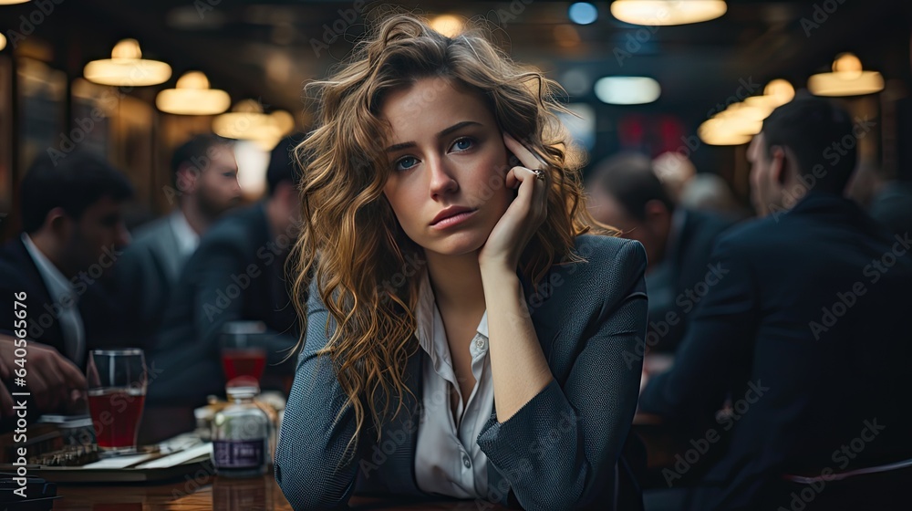 female model in a boardroom, head in hands, as blurred figures in the background suggest a tense meeting or disagreement, highlighting the strain of difficult decisions female model in a boardroom, head in hands, as blurred figures in the background suggest a tense meeting or disagreement, highlighting the strain of difficult decisions