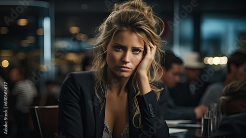 female model in a boardroom, head in hands, as blurred figures in the background suggest a tense meeting or disagreement, highlighting the strain of difficult decisions © Filip