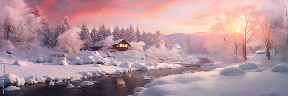 Naturschönheit im Winter: Holzhaus am idyllischen Seeufer