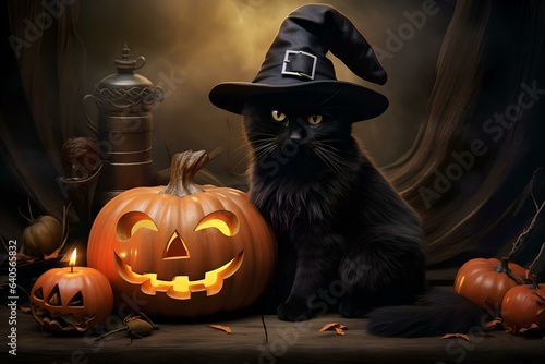 Schwarze Katze und gruselige Kürbisdeko für Halloween