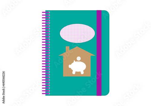 Cuaderno de educación financiera o ahorro para comprar una vivienda. Icono de gestión económica