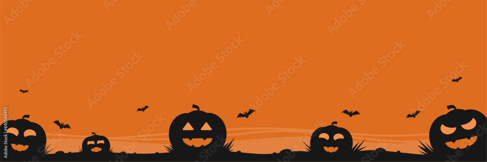 halloween banner template with pumpkins and bats on orange background