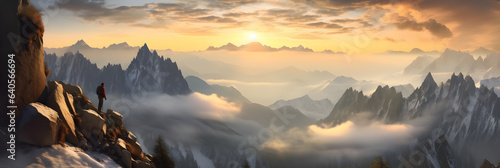 A Mountain Dream Panorama with awesome sky during golden hour hiking in the mountains, beautiful cloudy sky in an unbelievable dream world of mountains, generative ai 