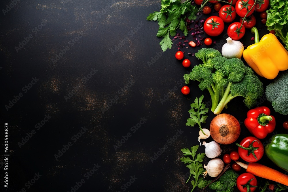 Fresh healthy vegetables arranged flat on a dark background