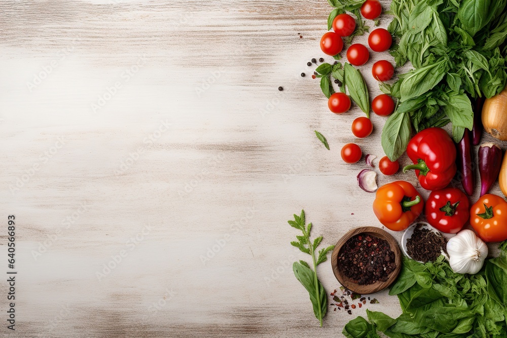 Fresh healthy vegetables arranged flat on a light background Fresh healthy vegetables arranged flat on a light background