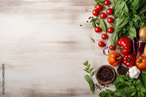 Fresh healthy vegetables arranged flat on a light background