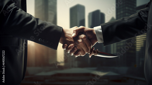business people shaking hands, one hand however is holding a knife - might be a symbol of missing trust or betrayal