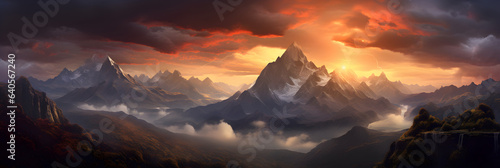 A Mountain Dream Panorama with awesome sky during golden hour hiking in the mountains, beautiful cloudy sky in an unbelievable dream world of mountains, generative ai  © Marc