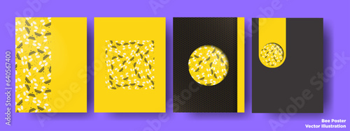 Honeycomb Bees Minimalist Poster Set. Flat Bee Pattern on dark and honeycomb backgrounds. Editable with copy space. For posters, cards, covers, leaflets, flyers, brochures, documents. EPS 10.
