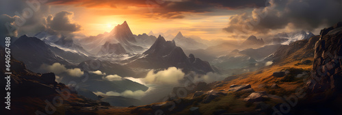 A Mountain Dream Panorama with awesome sky during golden hour hiking in the mountains, beautiful cloudy sky in an unbelievable dream world of mountains, generative ai 