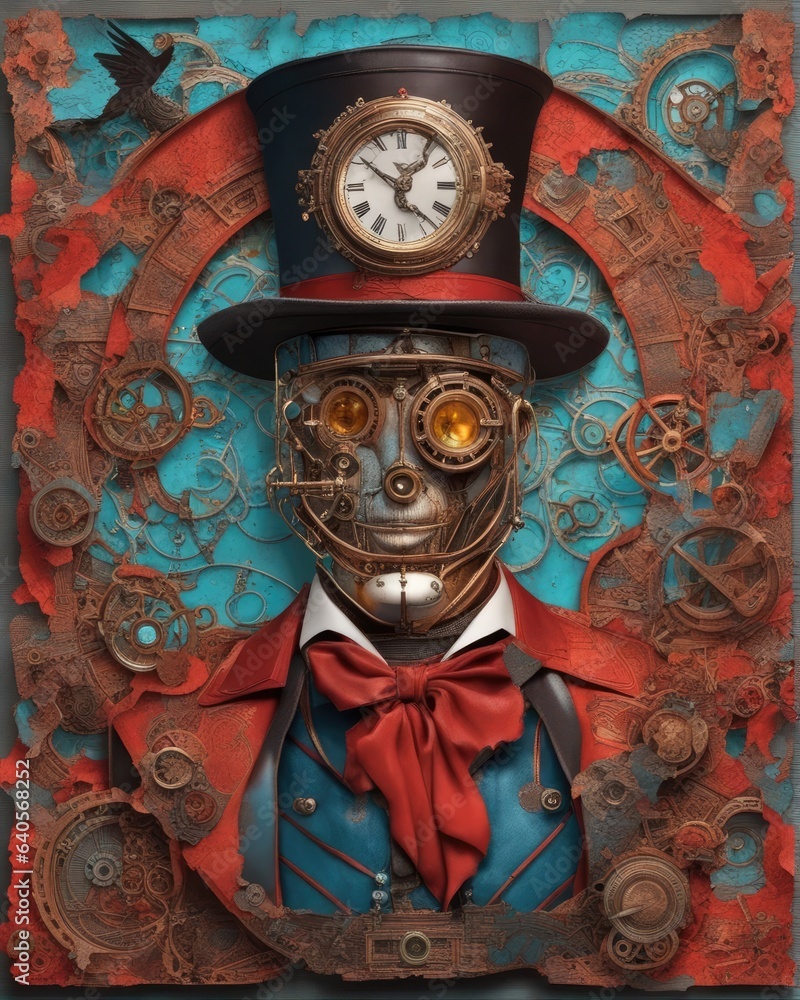 Fototapeta premium Colorful steampunk man with paper collage