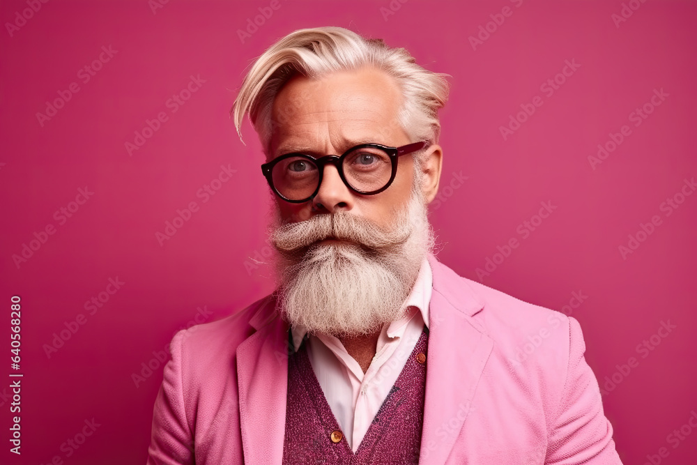 Studio shot of handsome senior man hipster dressed in stylish coat and sunglasses. Isolated on pink background Studio shot of handsome senior man hipster dressed in stylish coat and sunglasses. Isolated on pink background