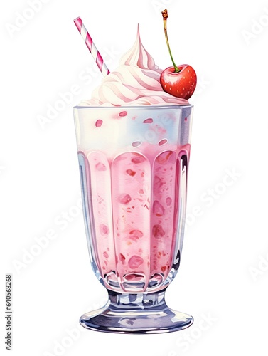 Glass of milkshake watercolor illustration - Generative AI.