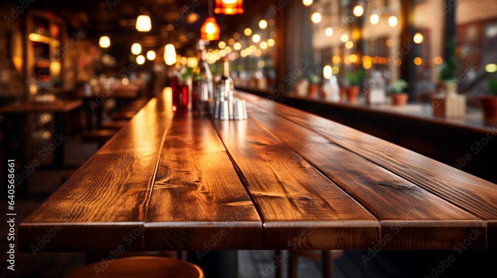 empty wooden table in front of abstract blurred background for product display in a coffee shop, local market or bar.