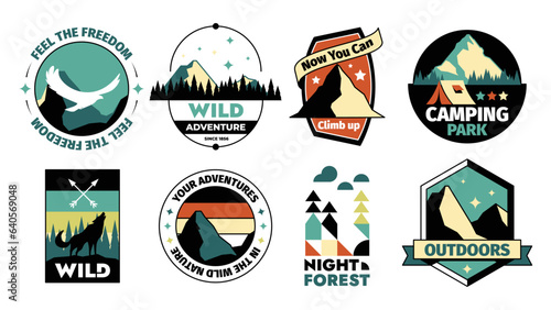 Vintage outdoor logo. Premium badge for outdoors recreation, national park reserve sticker, tranquility trip emblem. Vector hipster badge set. Mountain expedition, forest camp with tent