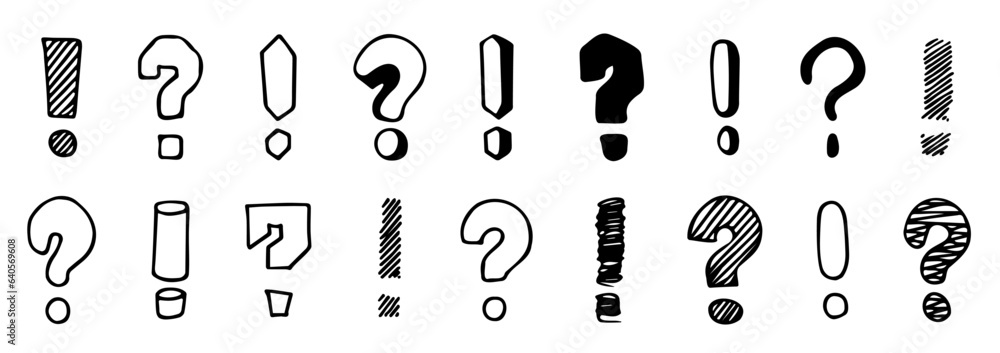 Exclamation and question marks. Outline punctuation marks for doodle brush style, hand drawn punctuation symbols. Vector isolated collection. Punctuation scribble characters doodle set Exclamation and question marks. Outline punctuation marks for doodle brush style, hand drawn punctuation symbols. Vector isolated collection. Punctuation scribble characters doodle set