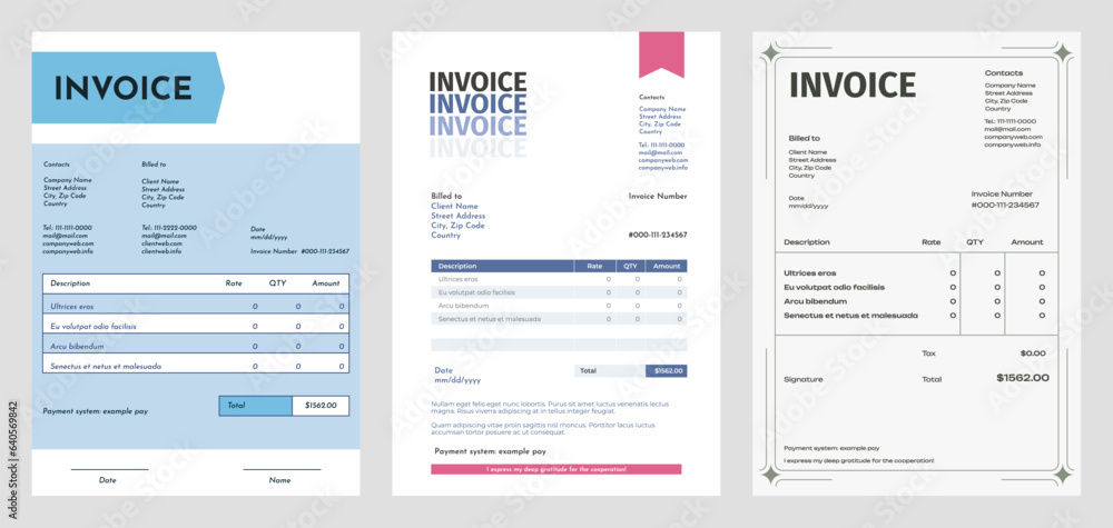 Invoice layout. Accounting table with price and money form, business expense template with customer form. Vector budget receipt. Financial document page with total price, date and signature Invoice layout. Accounting table with price and money form, business expense template with customer form. Vector budget receipt. Financial document page with total price, date and signature