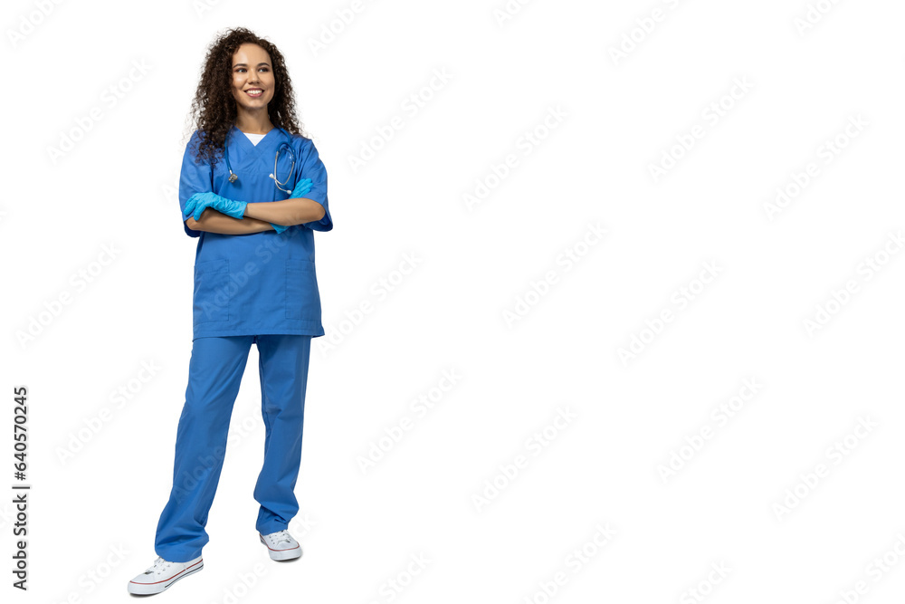 A girl in a blue nurse's uniform, isolated on white background A girl in a blue nurse's uniform, isolated on white background