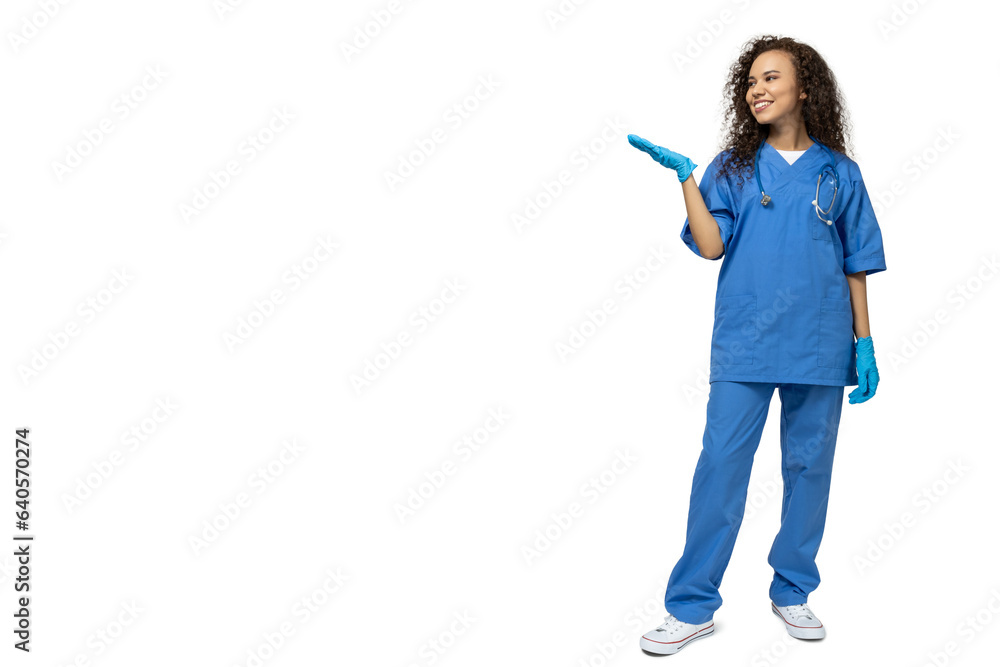 A girl in a blue nurse's uniform, isolated on white background A girl in a blue nurse's uniform, isolated on white background