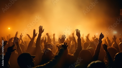 People raising their hands at a music concert in the crowd