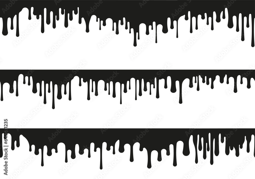 Seamless black drips. Abstract dribble splatter stains, comic dribble flow, oil stain dribble wallpaper. Vector texture. Border with dripping paint, spooky design with leaking liquid
