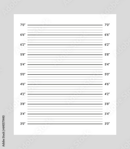 Wall measurements template. Mugshot board crime background for police wanted. Lineup backdrop for arrest photo with inches scale. Identification frame for criminal height. Vector illustration.