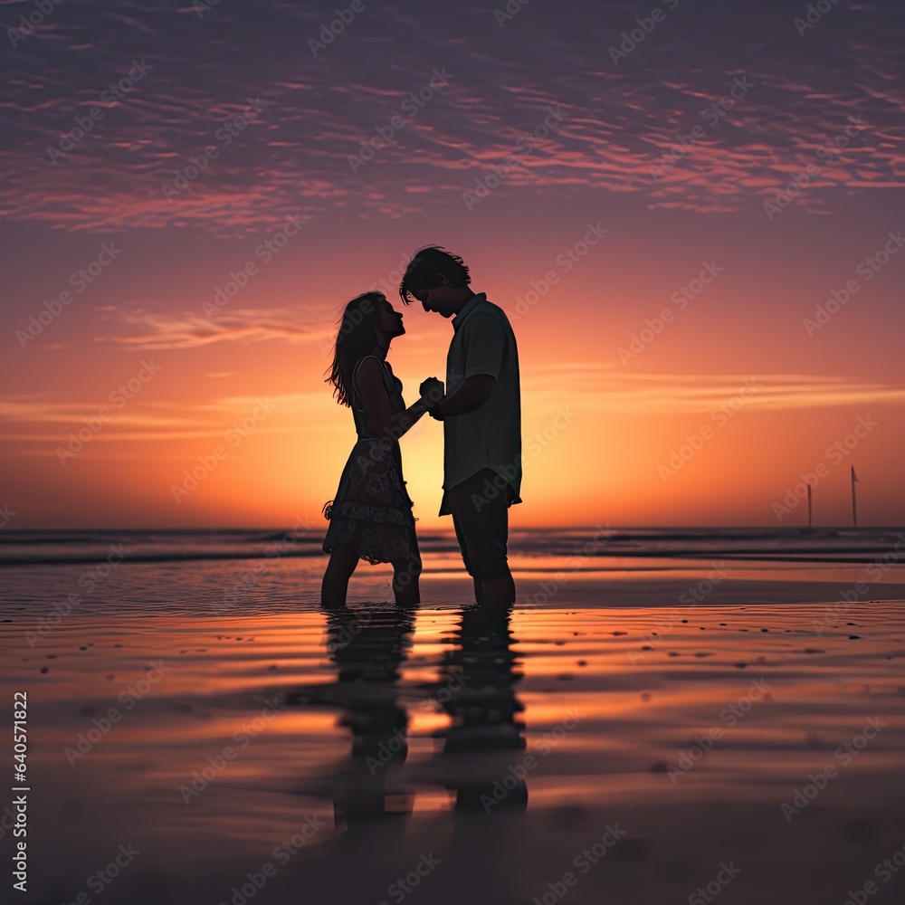 Loving couple on sunset kissing and walking eachother beach horizon wallpaper