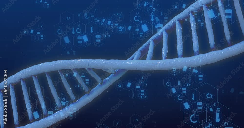Animation of medical icons with dna strand on blue background Animation of medical icons with dna strand on blue background