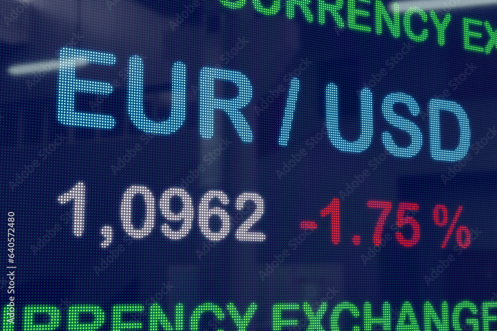 EUR - USD currency exchange rate down. Euro drops against USD. Currency trading, economy. 3D illustration EUR - USD currency exchange rate down. Euro drops against USD. Currency trading, economy. 3D illustration