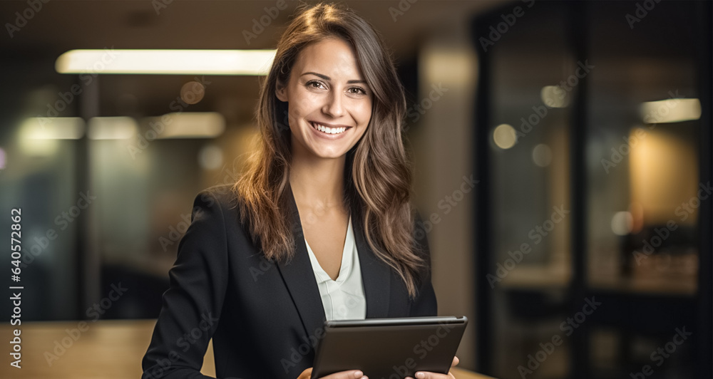 Portrait photo of smiling young businesswoman holding a digital tablet in office. Happy female professional executive manager using tab computer managing financial banking or marketing data.
 - obrazy, fototapety, plakaty 