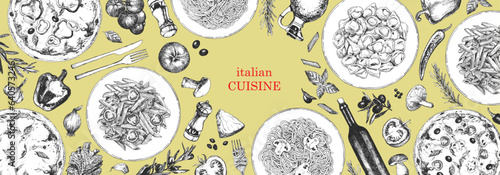Traditional Italian cuisine. Hand-drawn illustration of Italian traditional dishes and products. Ink. Vector 